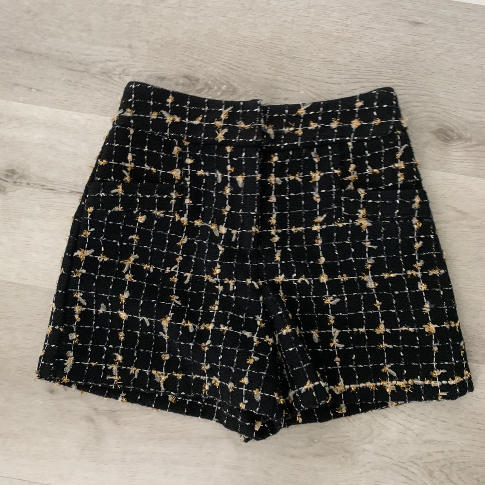 A Loves A Black Gold Metallic Tweed Plaid High Waisted Shorts Size 4 Preppy Chic